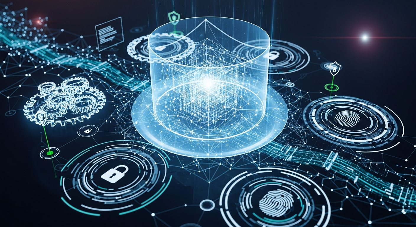 Abstrato e futurista: conceito de segurança digital com rede brilhante de linhas e formas geométricas.