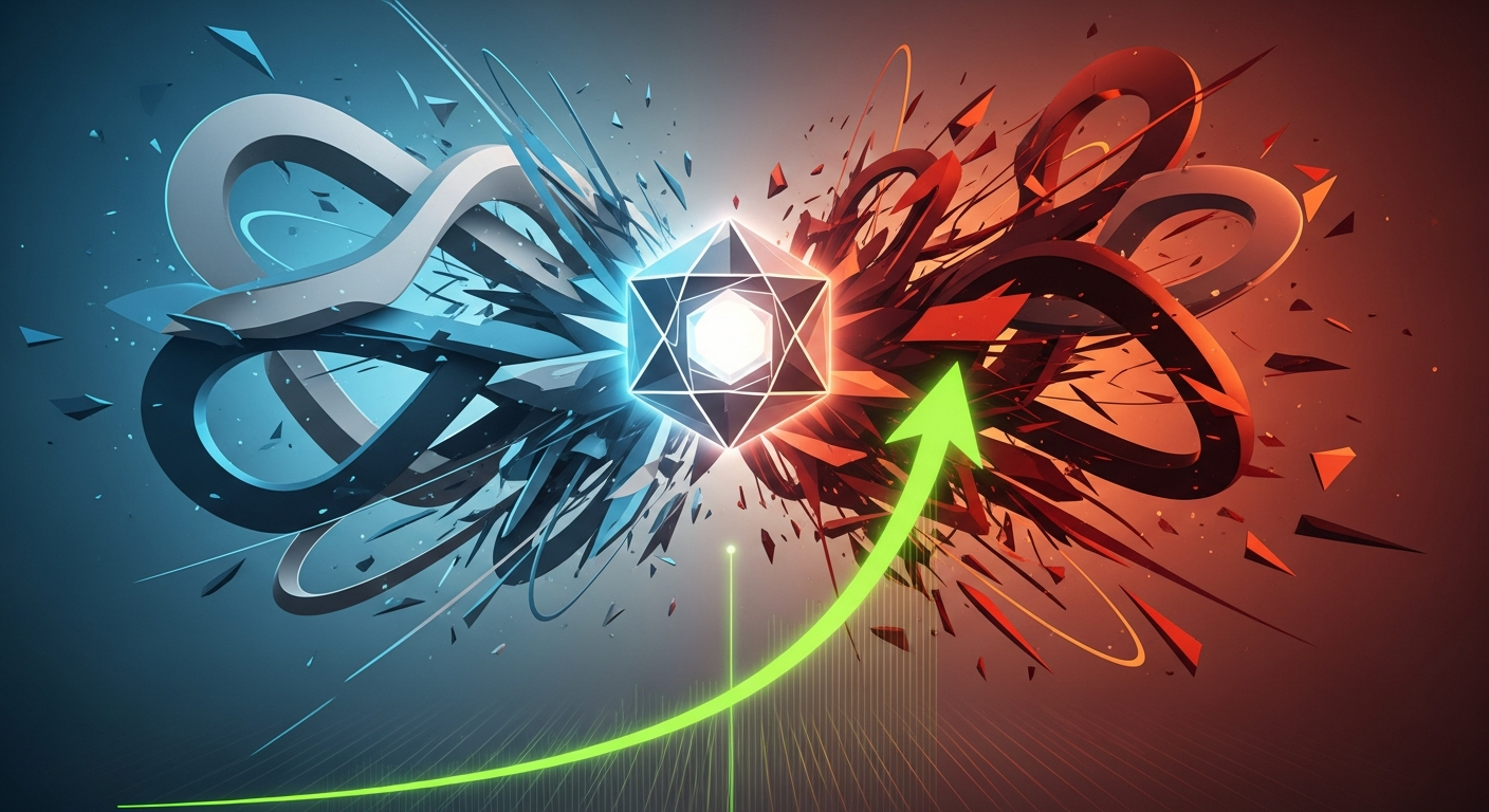 Arte abstrata moderna de um ativo digital com preço desafiando expectativas em meio à turbulência.