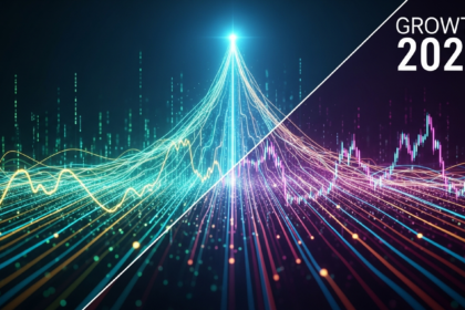 Visual abstrato dinâmico com linhas energéticas ascendentes e fluxos de dados luminosos.