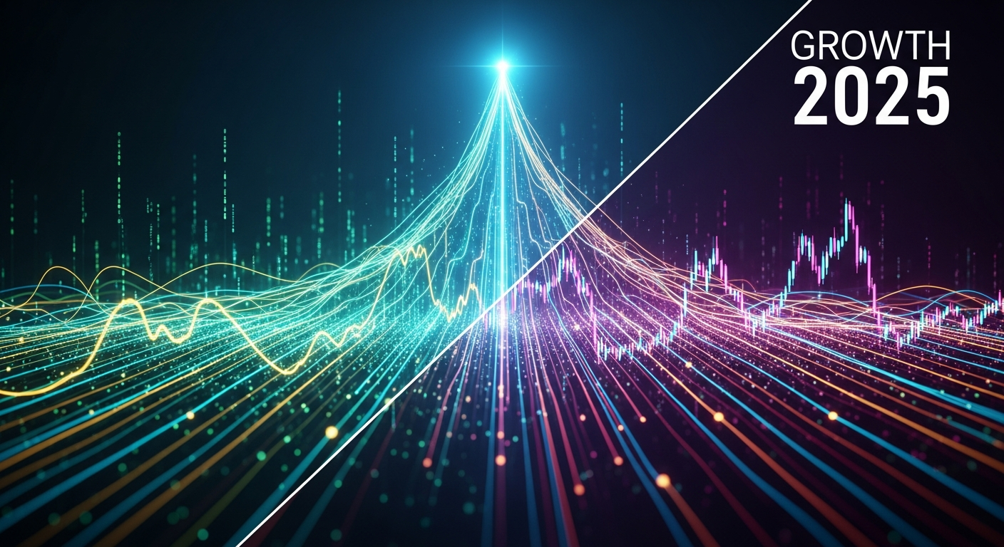 Visual abstrato dinâmico com linhas energéticas ascendentes e fluxos de dados luminosos.