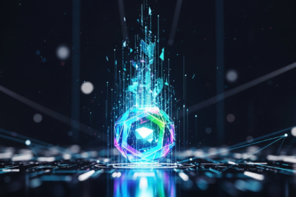 Núcleo geométrico abstrato, multifacetado e brilhante, transformando-se dinamicamente para cima.