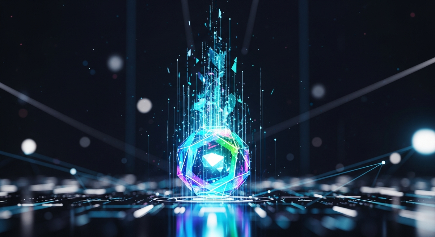 Núcleo geométrico abstrato, multifacetado e brilhante, transformando-se dinamicamente para cima.