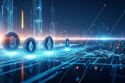 Abstract futuristic landscape com formas geométricas brilhantes, representando a convergência de ativos digitais.