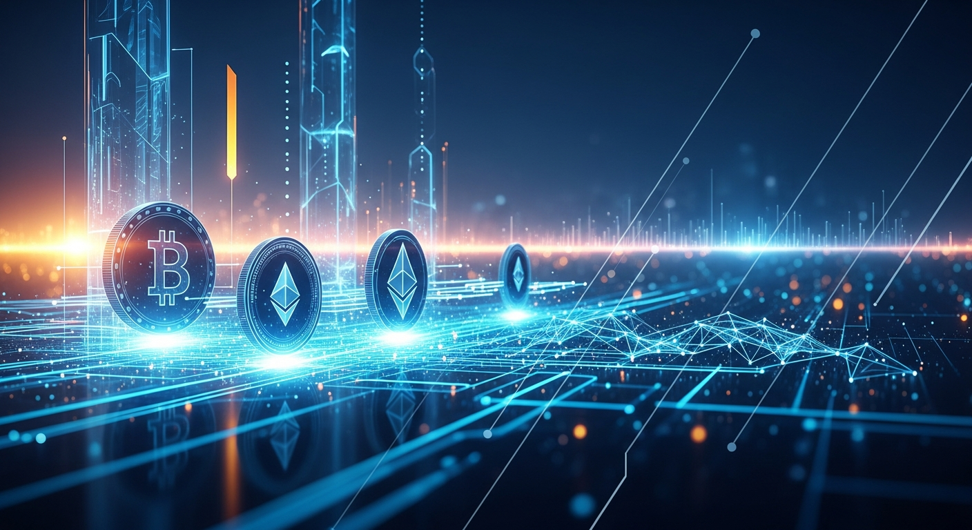 Abstract futuristic landscape com formas geométricas brilhantes, representando a convergência de ativos digitais.