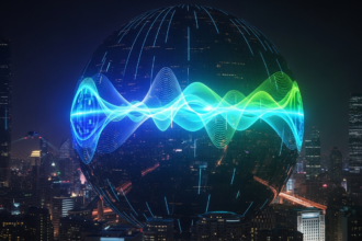 Colossal esfera LED exibe arte digital abstrata dominando o horizonte noturno de cidade futurista.