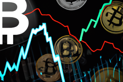 Representação digital de Bitcoin e criptomoedas em queda, com gráficos e símbolos de moedas.