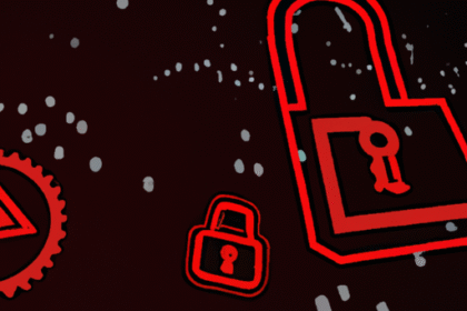 Ilustração de uma violação de segurança em finanças descentralizadas, mostrando gráficos de blockchain e moedas digitais.