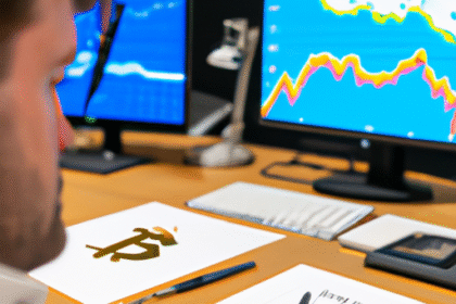 Analista financeiro revisa gráficos de tendências de criptomoedas e estratégias de recompra de ações.
