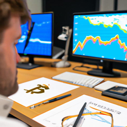 Analista financeiro revisa gráficos de tendências de criptomoedas e estratégias de recompra de ações.