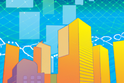 Cidade futurista com elementos digitais, cores vibrantes, simbolizando blockchain e governança descentralizada.