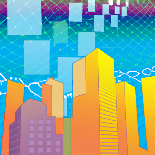 Cidade futurista com elementos digitais, cores vibrantes, simbolizando blockchain e governança descentralizada.