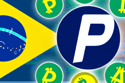 Ilustração digital mostrando integração do Binance Pay com Pix, com símbolos de criptomoedas e a bandeira do Brasil.