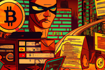 Ilustração digital mostrando a interseção entre criptomoedas e crime organizado, com símbolos de Bitcoin e cenas urbanas.