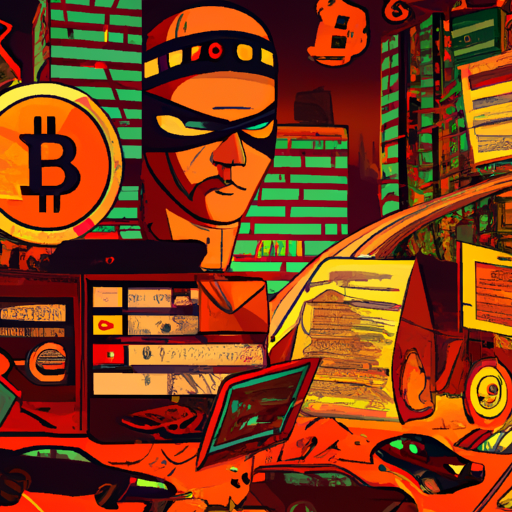 Ilustração digital mostrando a interseção entre criptomoedas e crime organizado, com símbolos de Bitcoin e cenas urbanas.