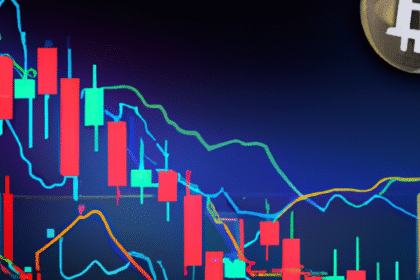 Gráfico de flutuações do preço do Bitcoin com tendência de queda e símbolos de moedas digitais.