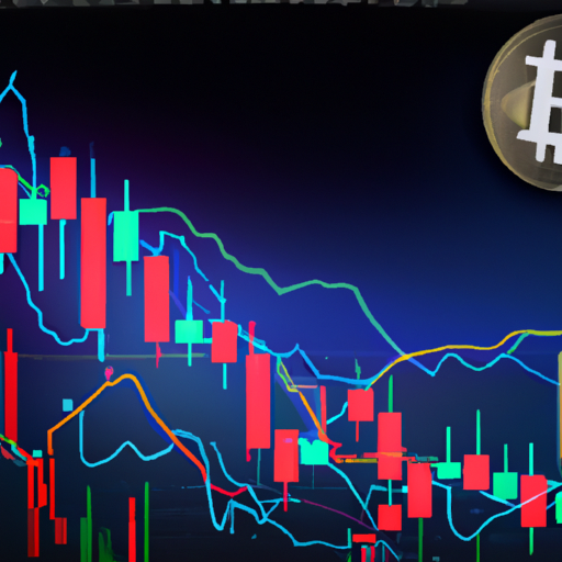 Gráfico de flutuações do preço do Bitcoin com tendência de queda e símbolos de moedas digitais.