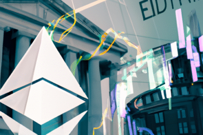 Cena dinâmica do mercado de criptomoedas com gráficos de Bitcoin e Ethereum em alta, e o edifício do Federal Reserve ao fundo.