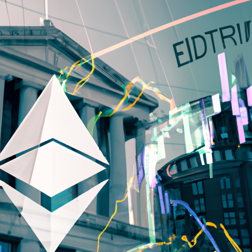 Cena dinâmica do mercado de criptomoedas com gráficos de Bitcoin e Ethereum em alta, e o edifício do Federal Reserve ao fundo.