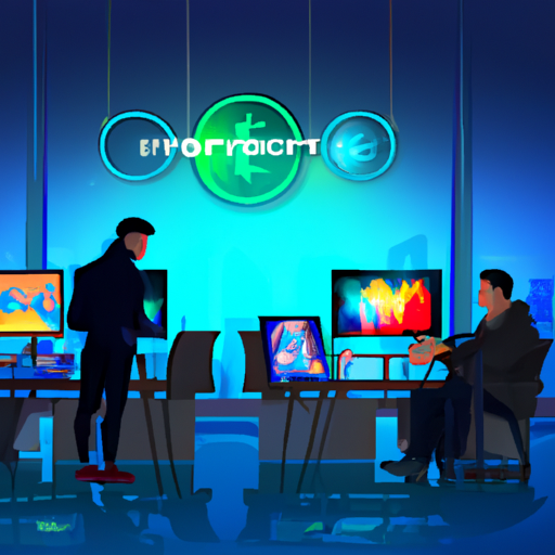 Executivos discutindo estratégias em um escritório de câmbio de criptomoedas, com gráficos ao fundo.