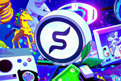 Ilustração de uma moeda digital da Sony, cercada por consoles, jogos e personagens de anime.