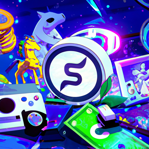 Ilustração de uma moeda digital da Sony, cercada por consoles, jogos e personagens de anime.