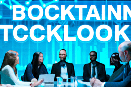 Reunião virtual sobre tokenização de ações, com profissionais diversos e elementos de blockchain ao fundo.