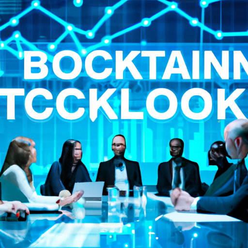 Reunião virtual sobre tokenização de ações, com profissionais diversos e elementos de blockchain ao fundo.