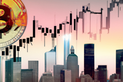 Gráfico mostrando a tendência de preço do Bitcoin a $93.361, com símbolos financeiros e skyline moderno.