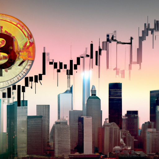 Gráfico mostrando a tendência de preço do Bitcoin a $93.361, com símbolos financeiros e skyline moderno.