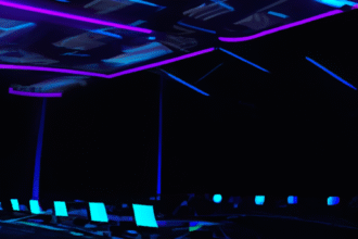 Sala de conferência moderna com telas de apresentação sobre tokenização de veículos e inovação digital.