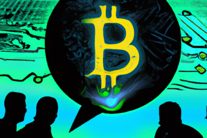 Desenvolvedores discutindo sobre Bitcoin em fundo digital com ilustrações de blockchain e tendências de mercado.