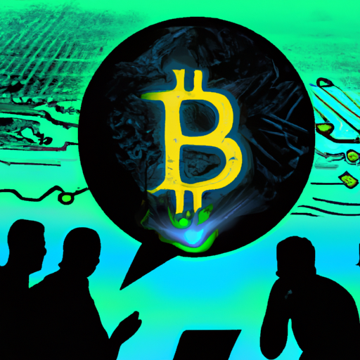 Desenvolvedores discutindo sobre Bitcoin em fundo digital com ilustrações de blockchain e tendências de mercado.