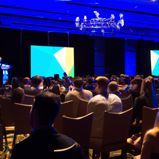 J.D. Vance speaks on Bitcoin adoption at a conference, with an engaged audience and digital currency visuals.