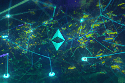 Ilustração de uma rede blockchain futurista unificando liquidez entre Bitcoin, Ethereum e Solana.