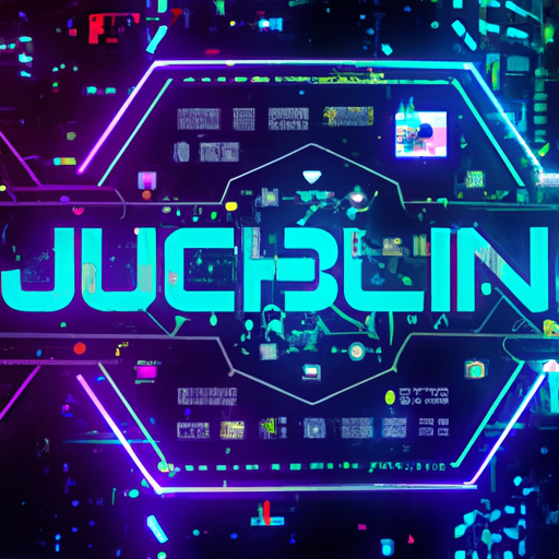 Ilustração digital de uma interface futurista do 'June', ferramenta AI da Blockchain.com, com dados e símbolos de criptomoeda.