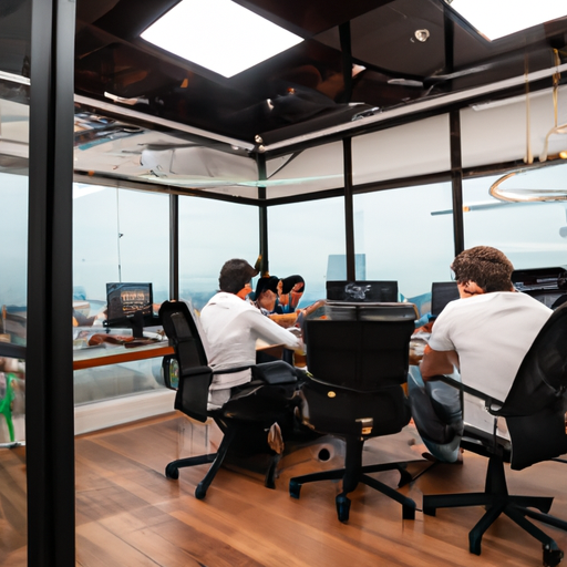 Jovens profissionais discutem investimentos em um escritório moderno, com elementos de criptomoeda e blockchain.