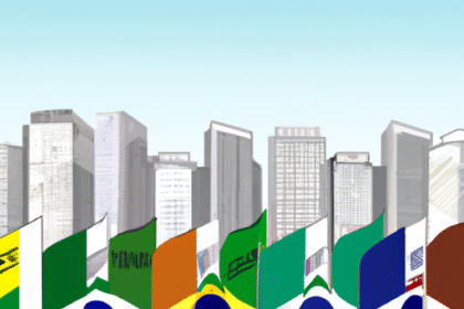 Ilustração da bandeira do Brasil e bandeiras internacionais, com um skyline urbano moderno ao fundo.