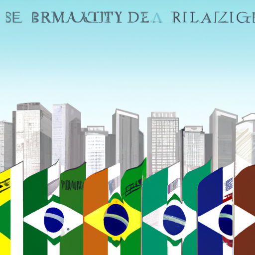 Ilustração da bandeira do Brasil e bandeiras internacionais, com um skyline urbano moderno ao fundo.