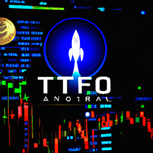 Cena moderna do mercado financeiro com lançamento de ETF de criptomoeda, símbolos digitais e gráficos de ações.