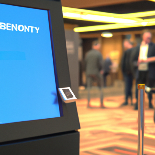 Terminal de compra de Bitcoin moderno com tela sensível ao toque, em conferência sobre blockchain.