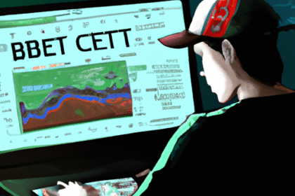 Ilustração digital de um trader de criptomoedas analisando gráficos em um computador.