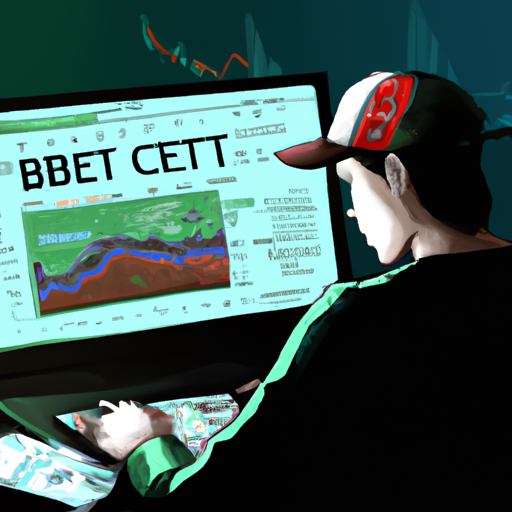 Ilustração digital de um trader de criptomoedas analisando gráficos em um computador.