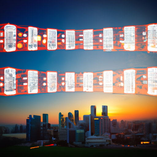 Representação visual de mercados preditivos em finanças, com gráficos, bilhetes de apostas e skyline urbano.