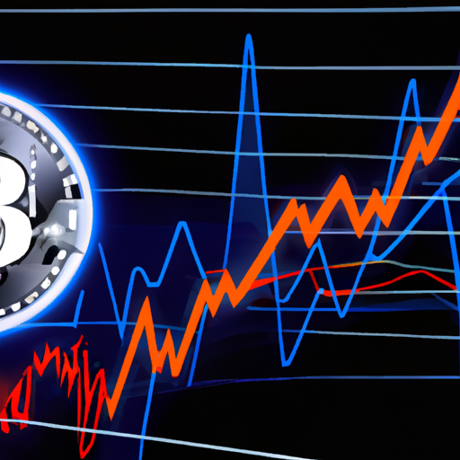 Gráfico digital mostrando o aumento do indicador de vivacidade do Bitcoin com moedas e fundo de blockchain.
