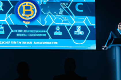 Conferência digital moderna com palestrante sobre regulamentações de criptomoedas e gráficos de Bitcoin.