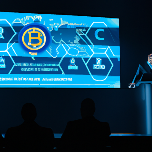 Conferência digital moderna com palestrante sobre regulamentações de criptomoedas e gráficos de Bitcoin.