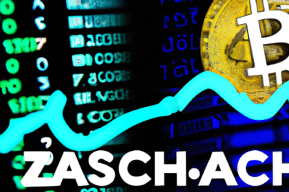 Gráfico financeiro dinâmico mostrando a valorização do Zcash em relação ao Bitcoin, com fundo tecnológico.