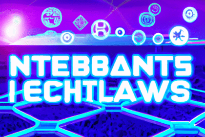 Paisagem digital futurista ilustrando jogos Web3, blockchain, NFTs e comunidades vibrantes de gamers.