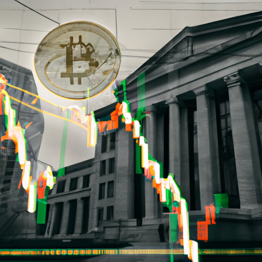 Cena moderna de trading financeiro com gráficos de Bitcoin e o edifício da Reserva Federal ao fundo.