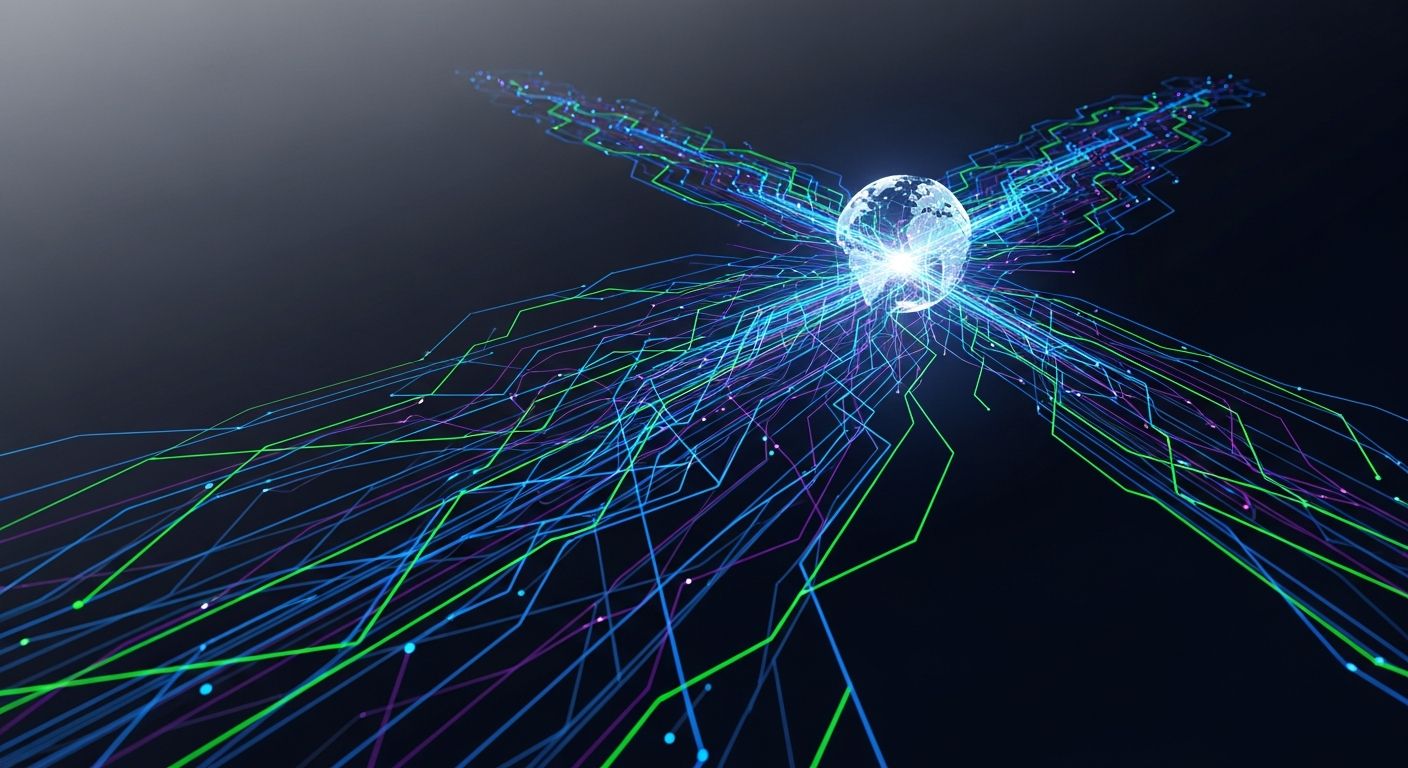 Arte digital abstrata: fluxos de dados financeiros interconectados como padrões geométricos brilhantes e trilhas de luz.